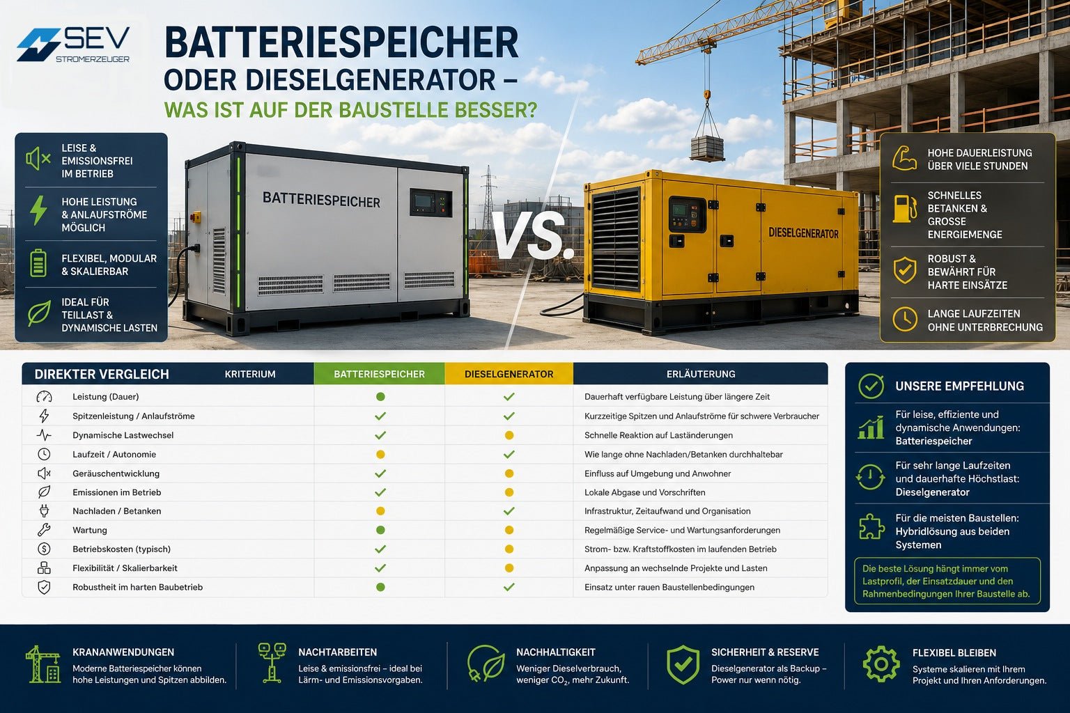 Batteriespeicher oder Dieselgenerator – was ist auf der Baustelle besser? - SEV