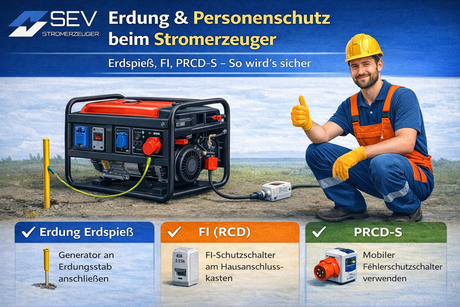 Erdung & Personenschutz beim Stromerzeuger: Erdspieß, FI/RCD, PRCD-S – so wird’s sicher - SEV