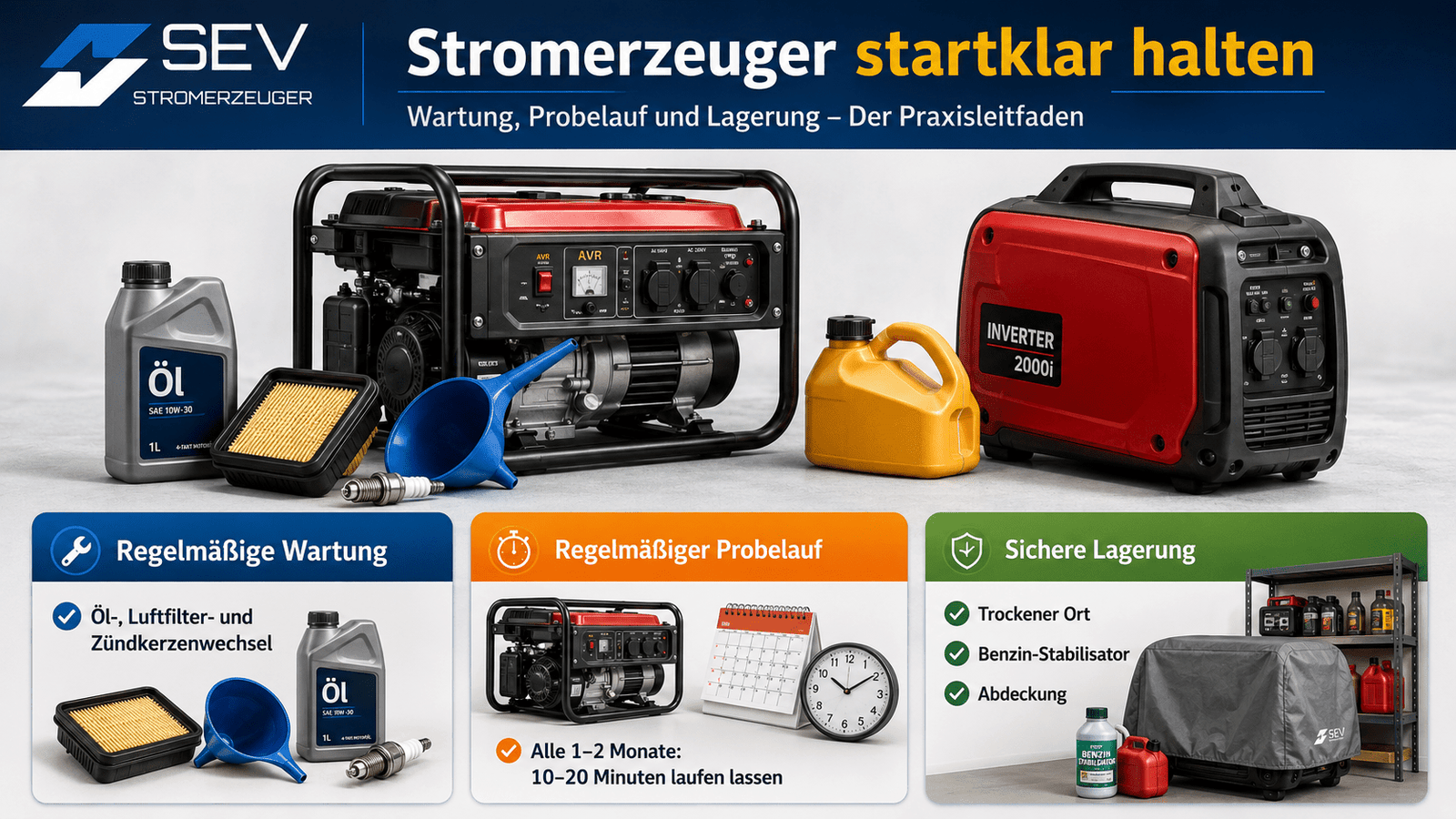 Stromerzeuger startklar halten: Wartung, Probelauf und Lagerung – der Praxisleitfaden - SEV