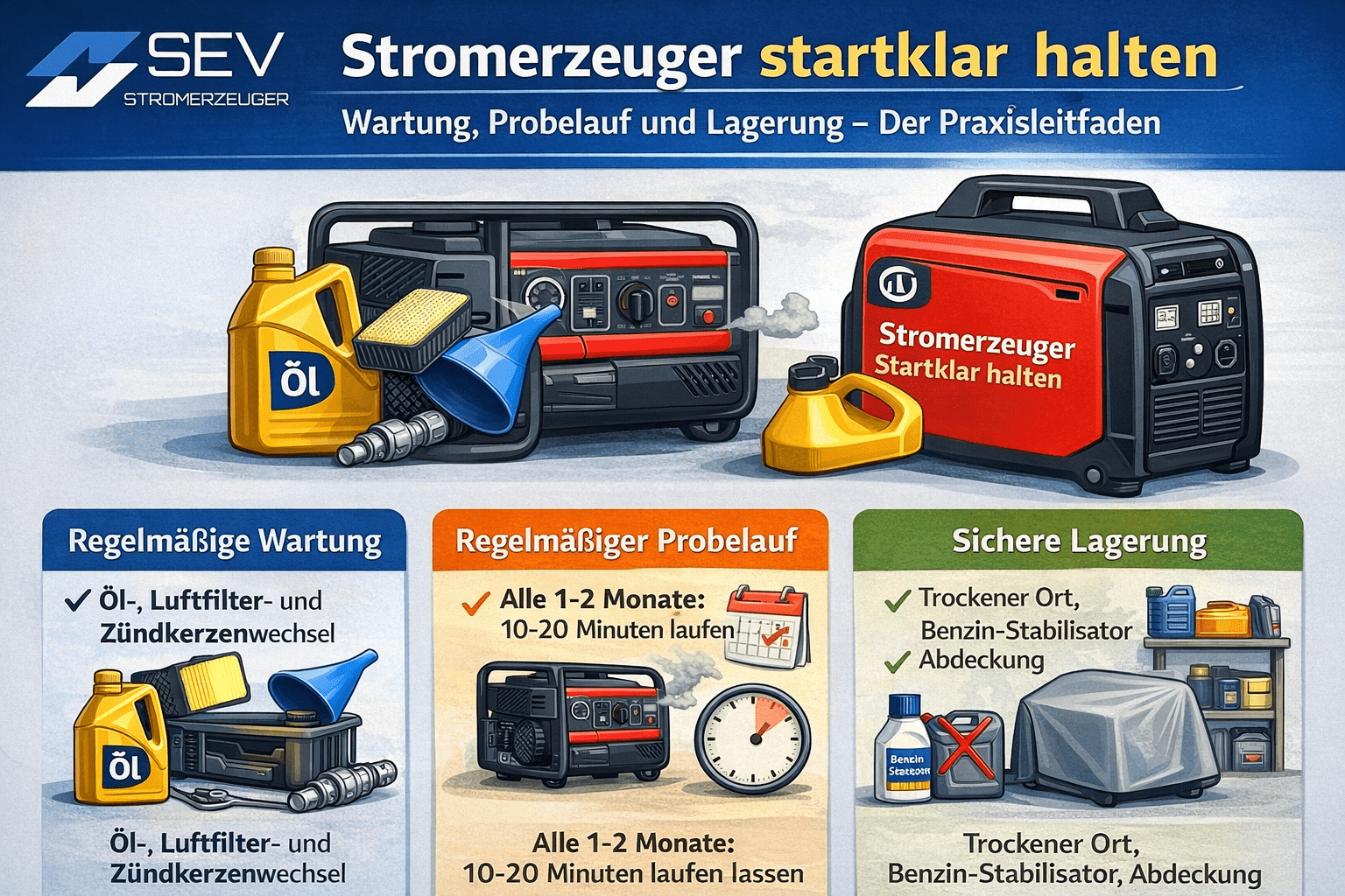 Stromerzeuger startklar halten: Wartung, Probelauf und Lagerung – der Praxisleitfaden - SEV