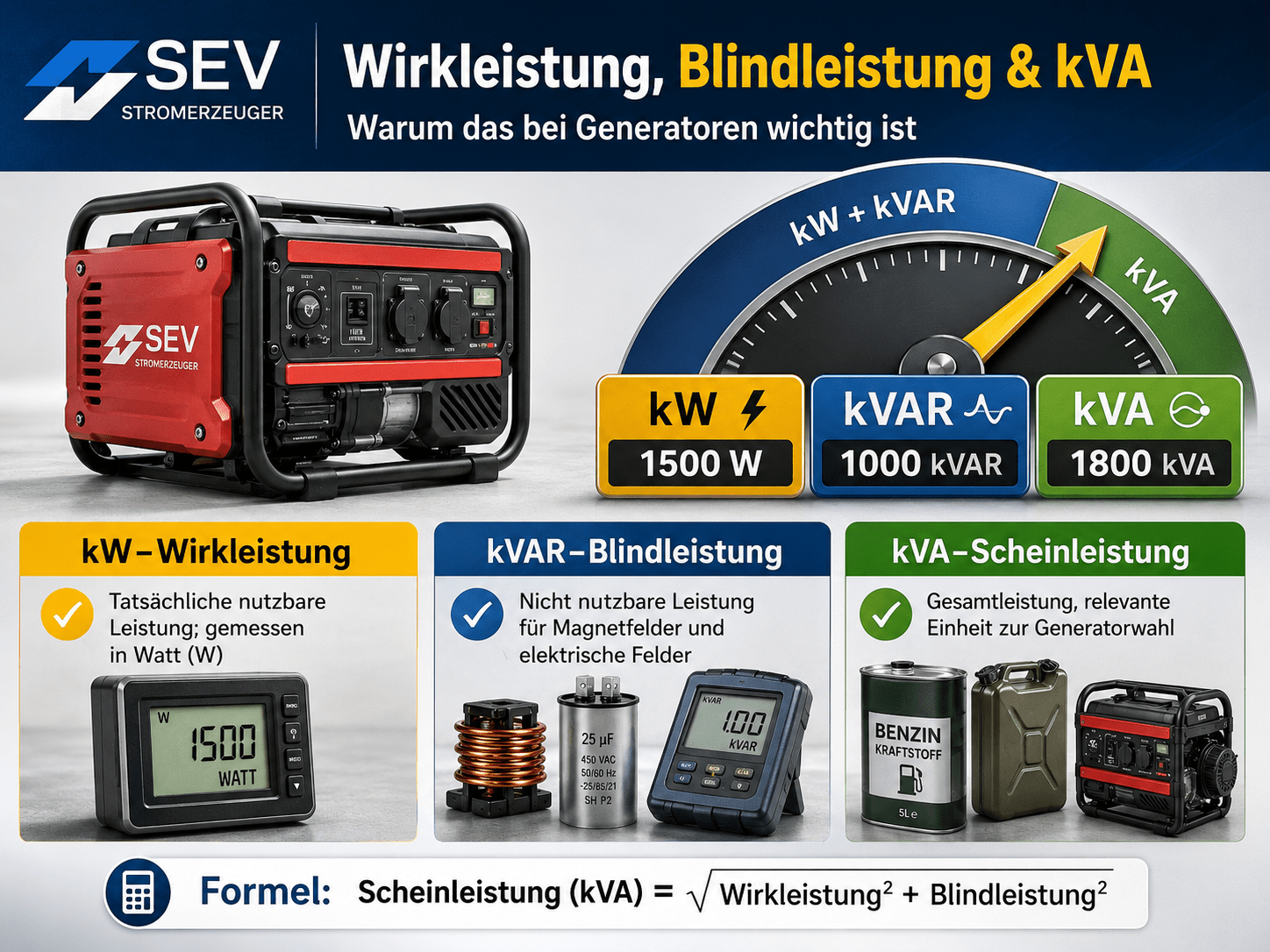 Wirkleistung, Blindleistung und kVA – warum das bei Generatoren wichtig ist - SEV