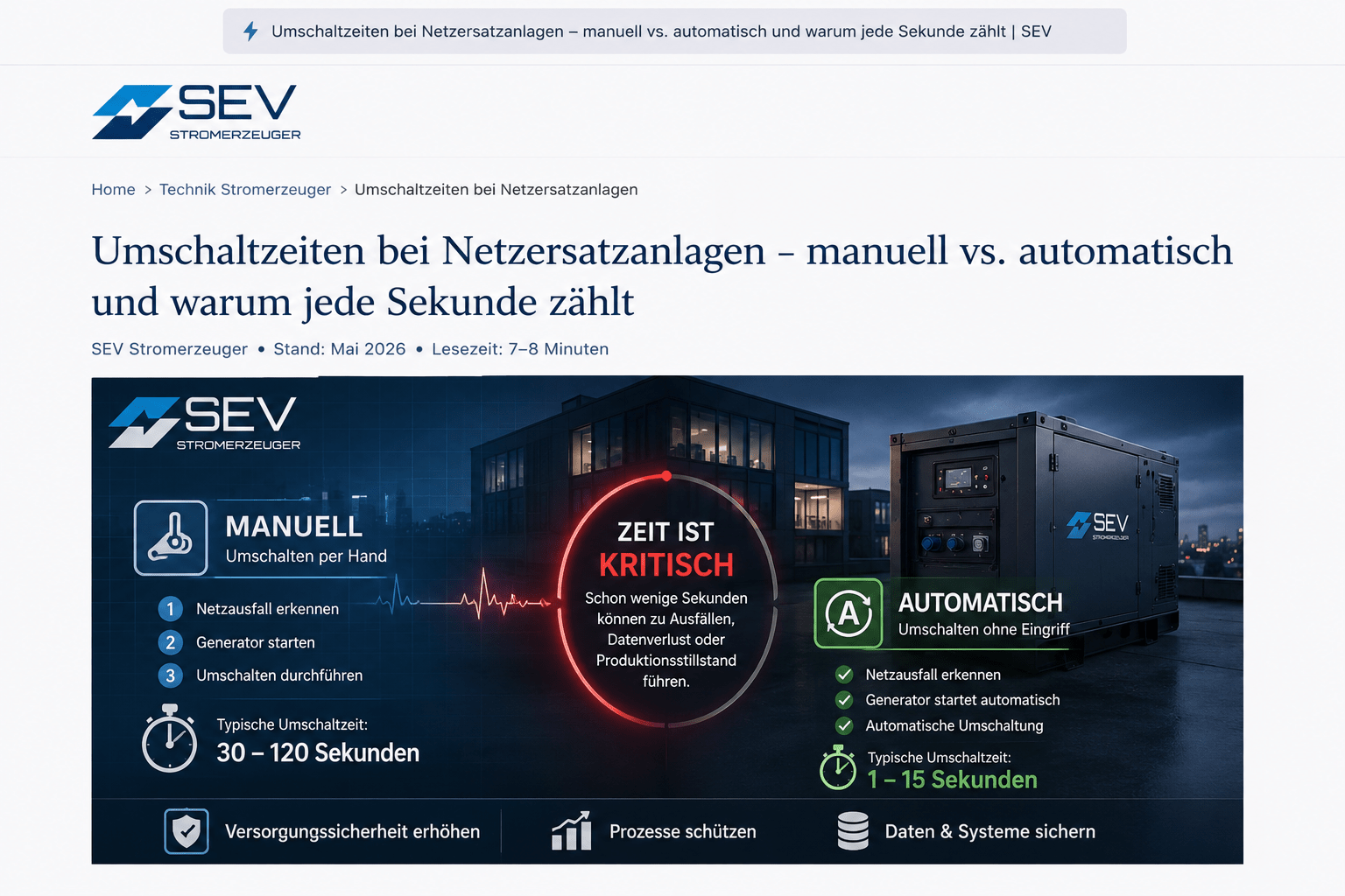 Umschaltzeiten bei Netzersatzanlagen – manuell vs. automatisch - SEV